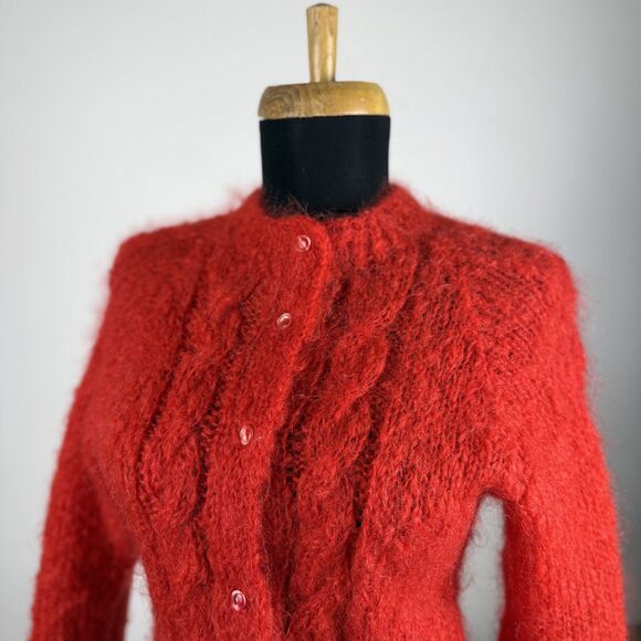 Vintage Hand Knit Red Mohair Cardigan Sweater | Fuzzy Cable Knit Button Front - Picture 1 of 12
